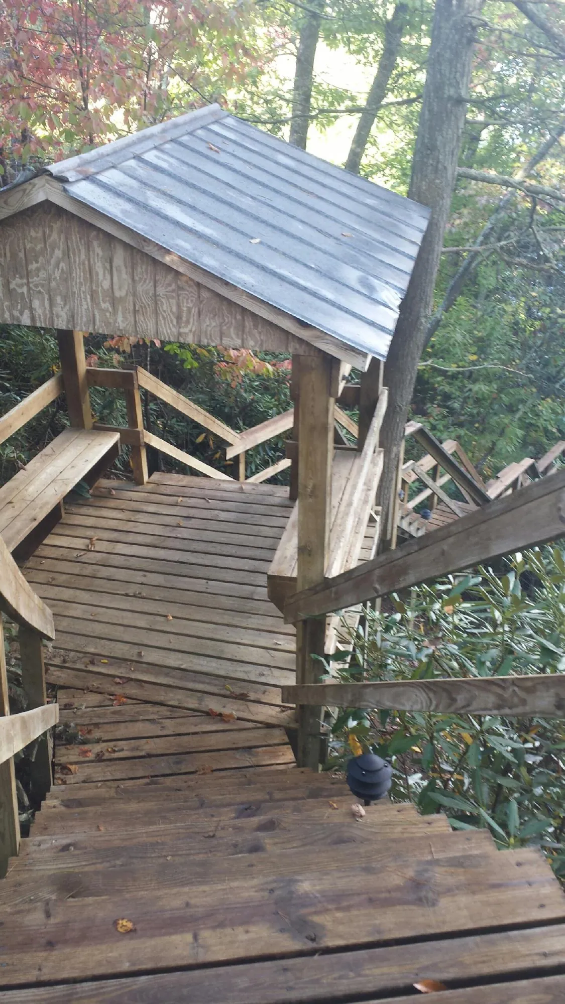 Metal roofed shelter over wooden steps on a wooded walkway — Skylight Repair & Installation work by our crew in Gentry